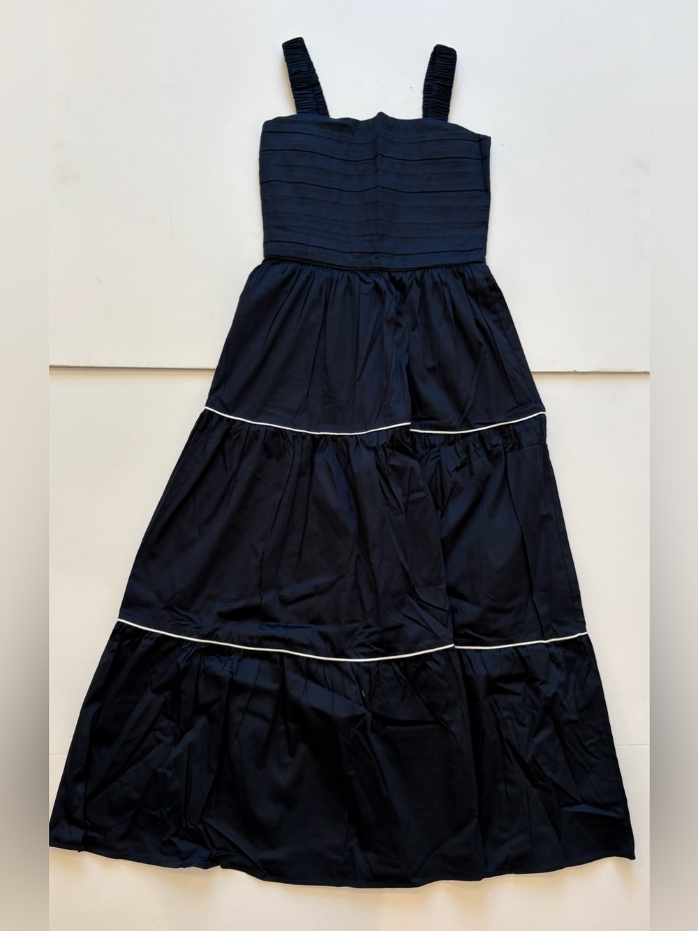 Encantadore Ginevra Navy Tiered Maxi Dress with White Piping NWT XS & S